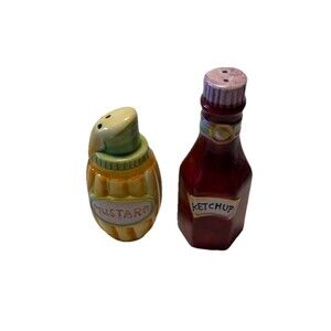 Salt And Pepper Shakers Set Ketchup Mustard Vintage Camping Barbecue Ceramic